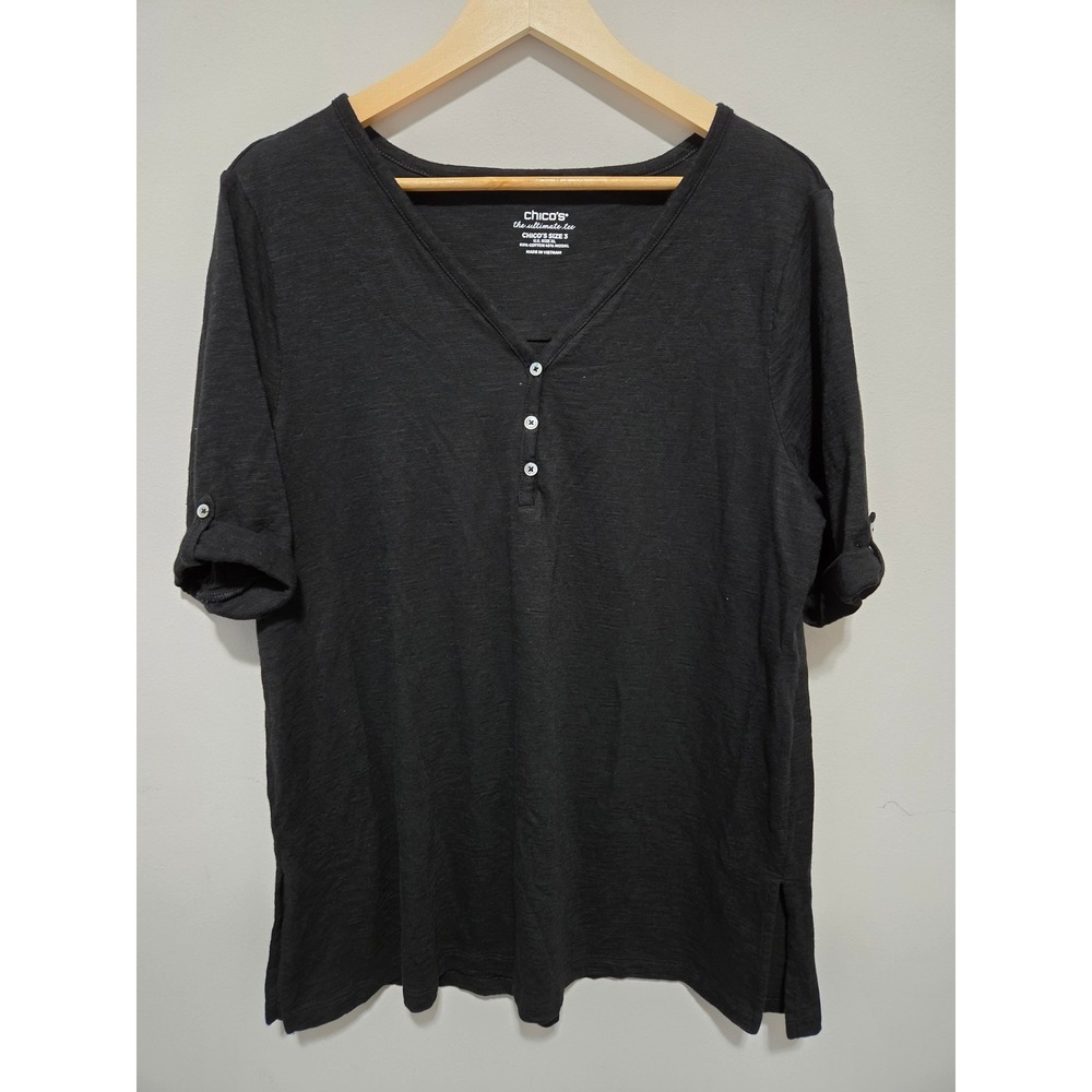 Chicos The Ultimate Tee Black Slub Knit Henley V-Neck Roll Tab Sleeve Top Size 3